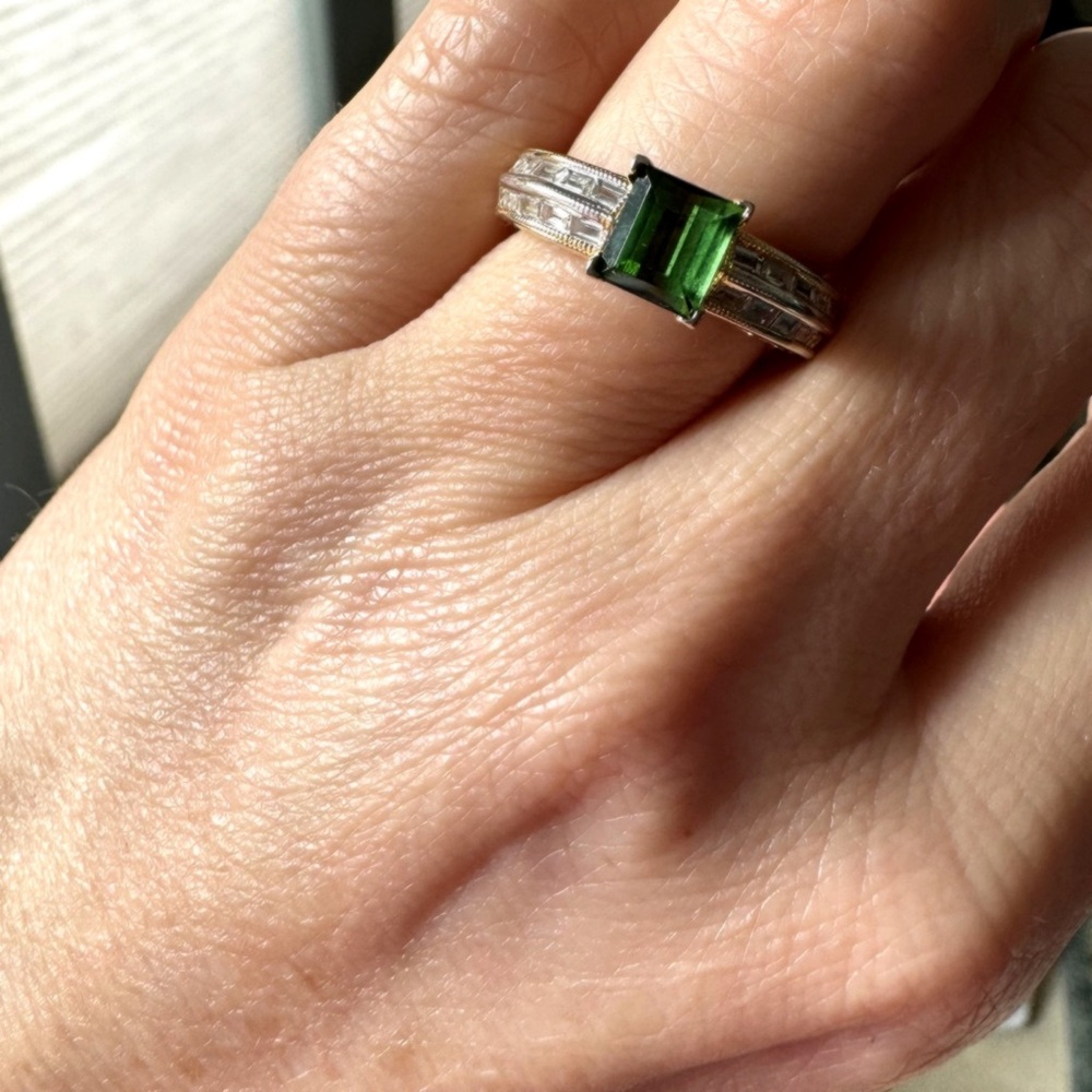 Vintage 18K Tourmaline Diamond Ring with Baguette Diamond Shoulders